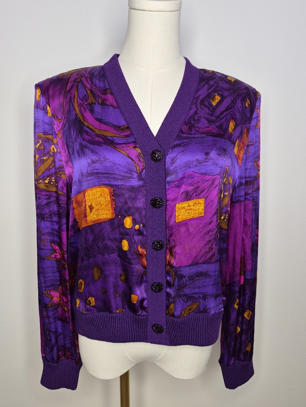Vintage St. John Collection Silk Abstract Knit Cardigan Sweater Jacket Purple Sz